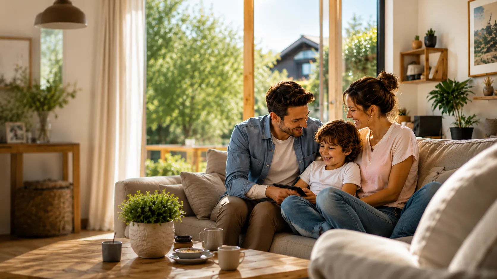 Une famille dans le salon lumineux de sa nouvelle maison