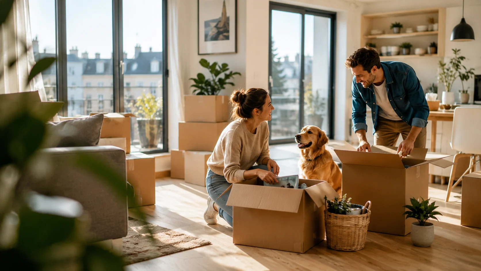 Un couple et leur chien emménageant dans leur nouvel appartement en location