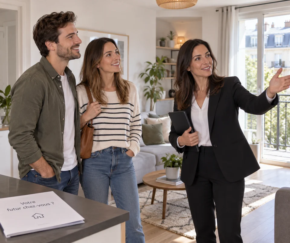 Locataires visitant un logement avec un agent immobilier