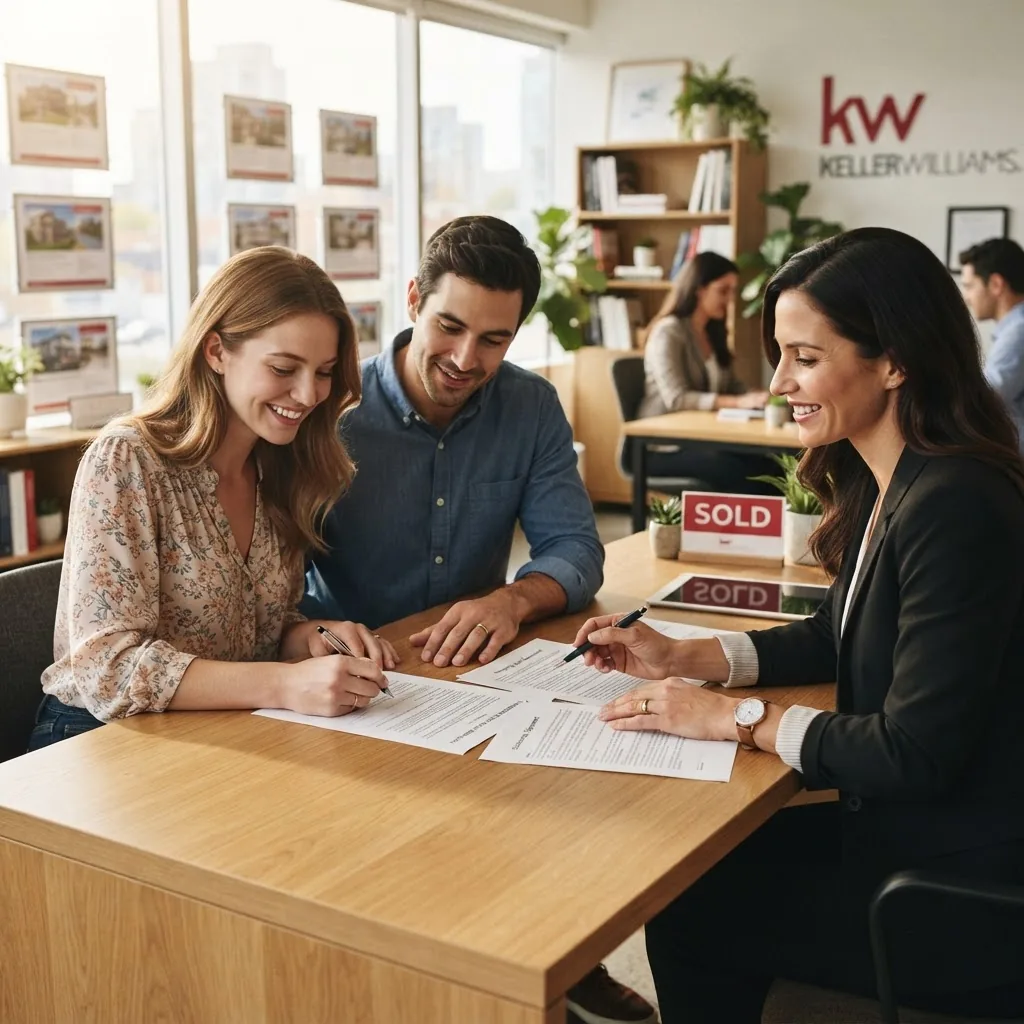 Couple échangeant avec une professionnelle de l’immobilier