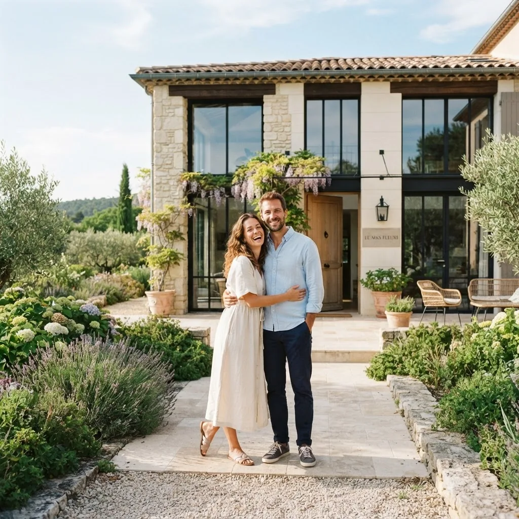 Couple accompagné devant sa nouvelle maison