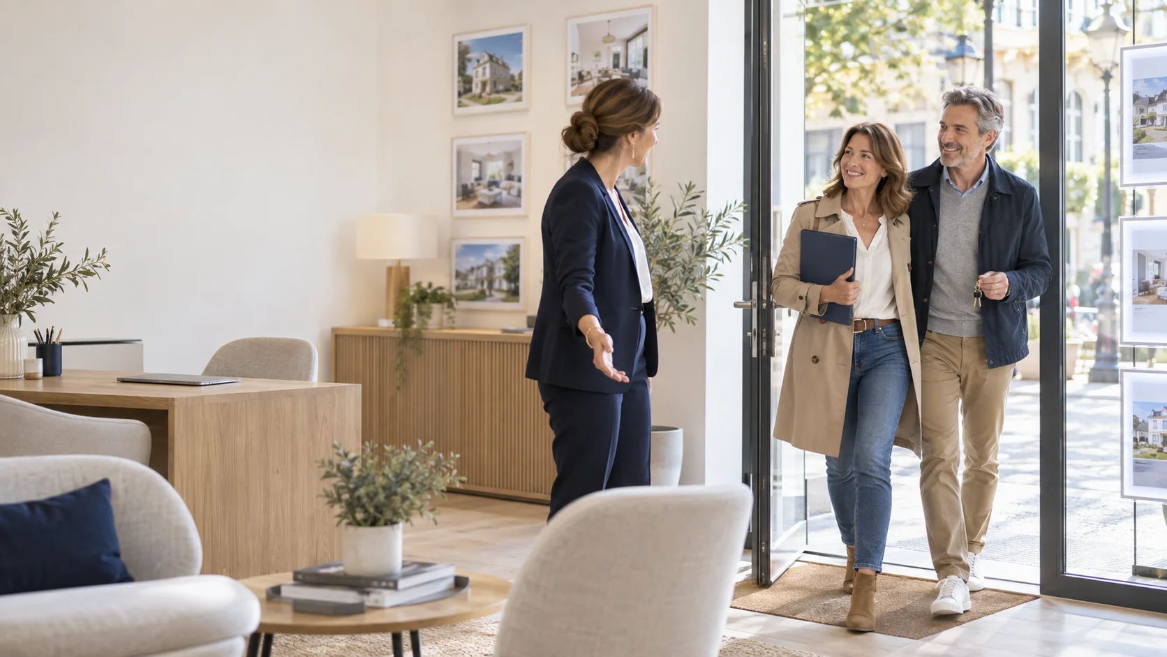 Une professionnelle accueille un couple dans une agence immobilière